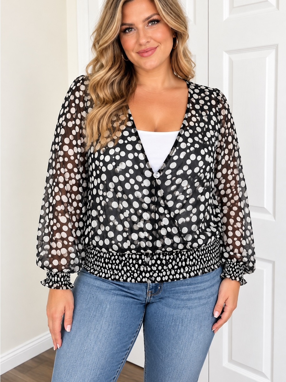 INC International Concepts 1X Black White Polka Dot Sheer Blouse Ruched Hem